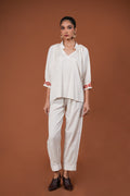 Off White Raglan Sleeve Embroidered Tunic